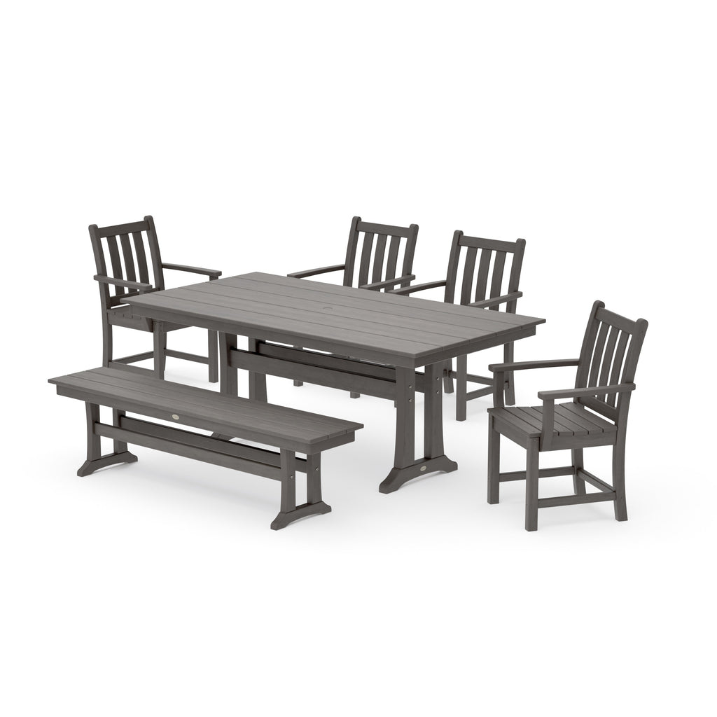 Traditional Garden Arm Chair 6-Piece Farmhouse Dining Set with Trestle Legs and Bench