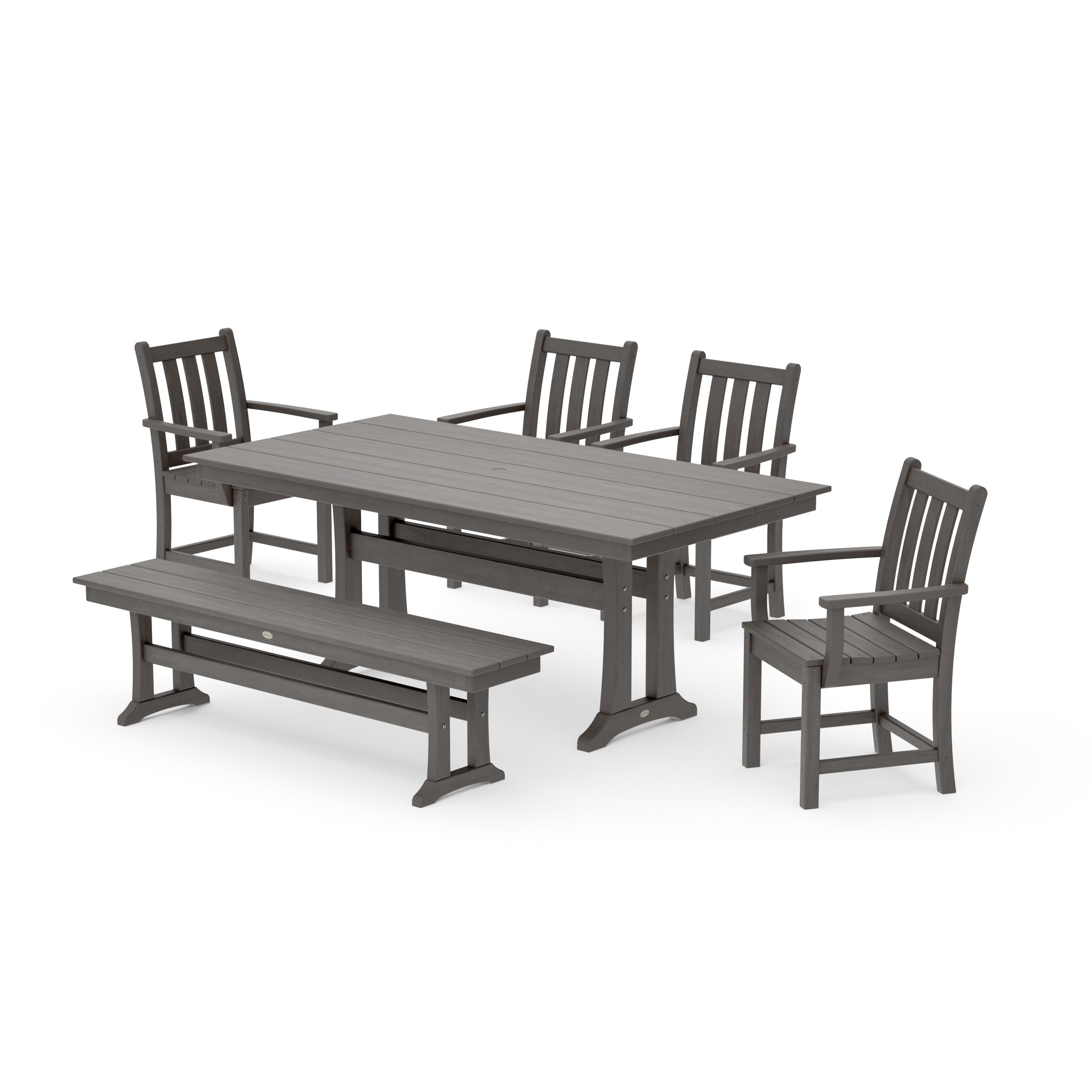 Traditional Garden Arm Chair 6-Piece Farmhouse Dining Set with Trestle Legs and Bench