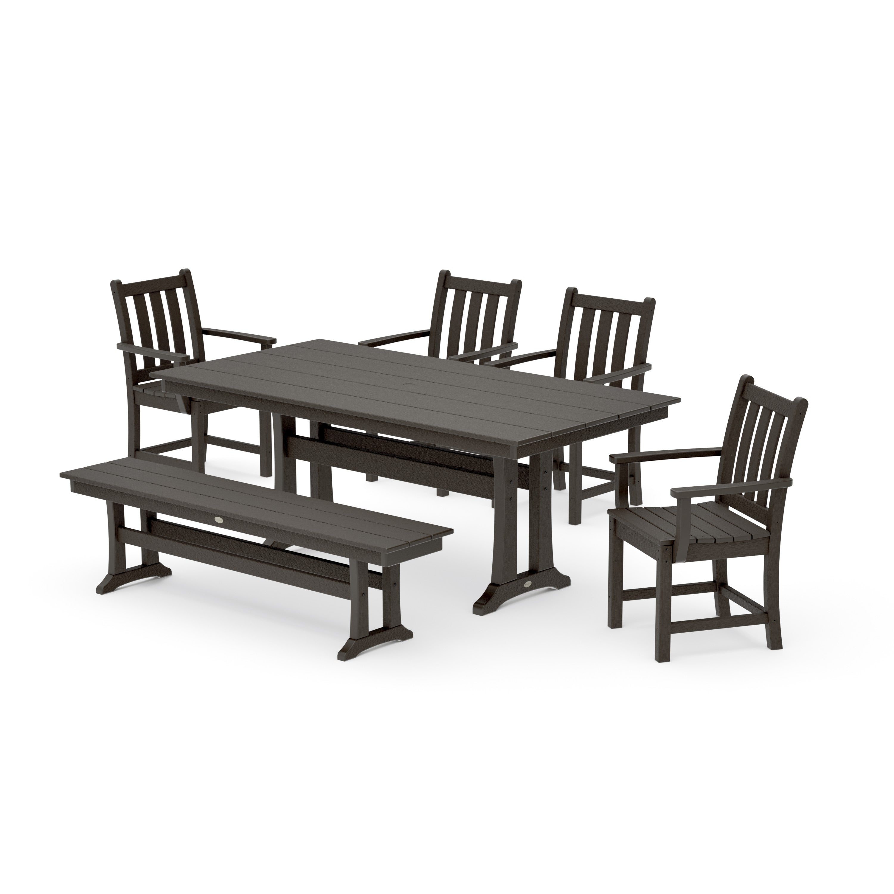 Traditional Garden Arm Chair 6-Piece Farmhouse Dining Set with Trestle Legs and Bench