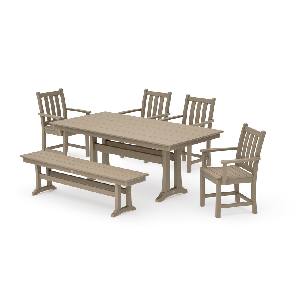 Traditional Garden Arm Chair 6-Piece Farmhouse Dining Set with Trestle Legs and Bench