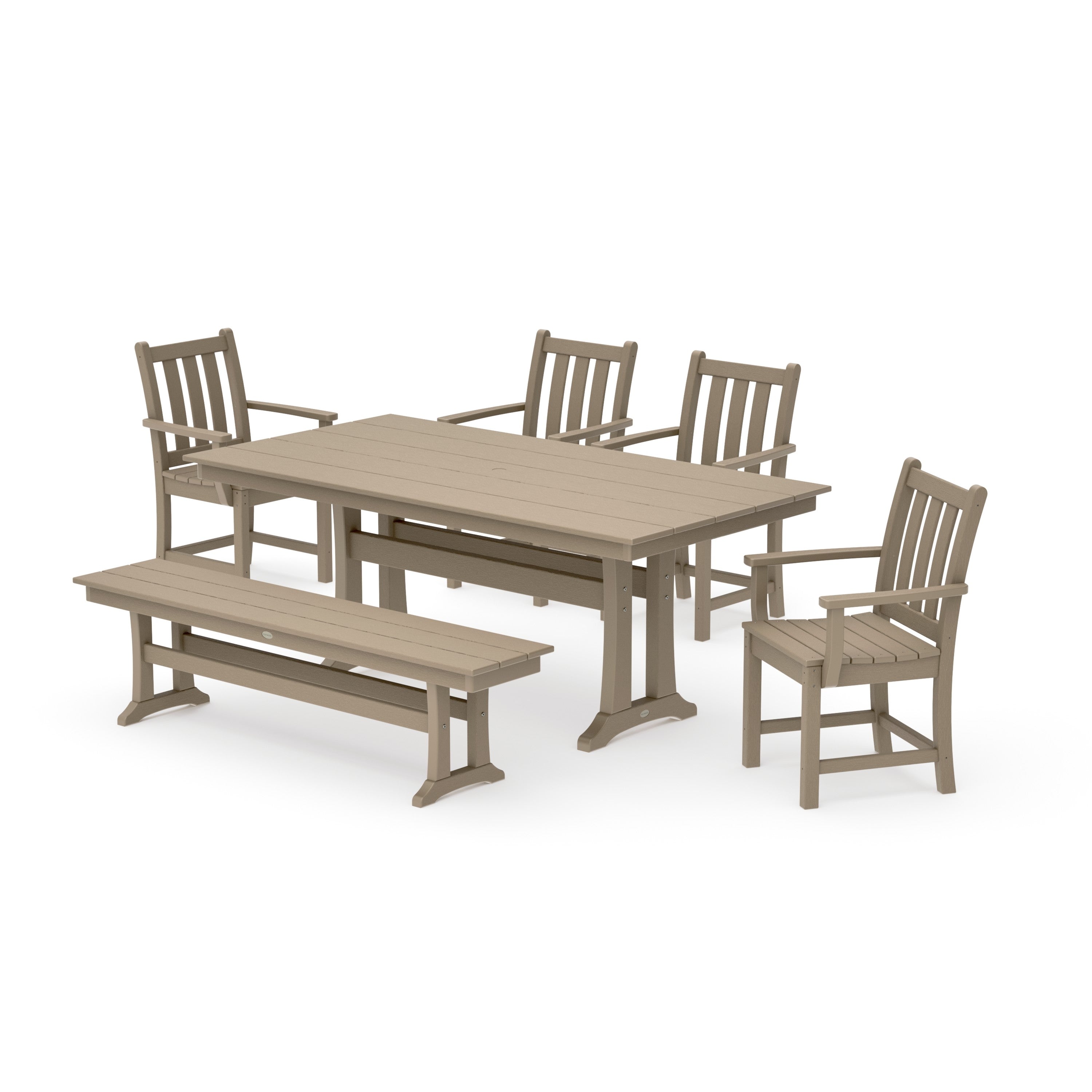 Traditional Garden Arm Chair 6-Piece Farmhouse Dining Set with Trestle Legs and Bench